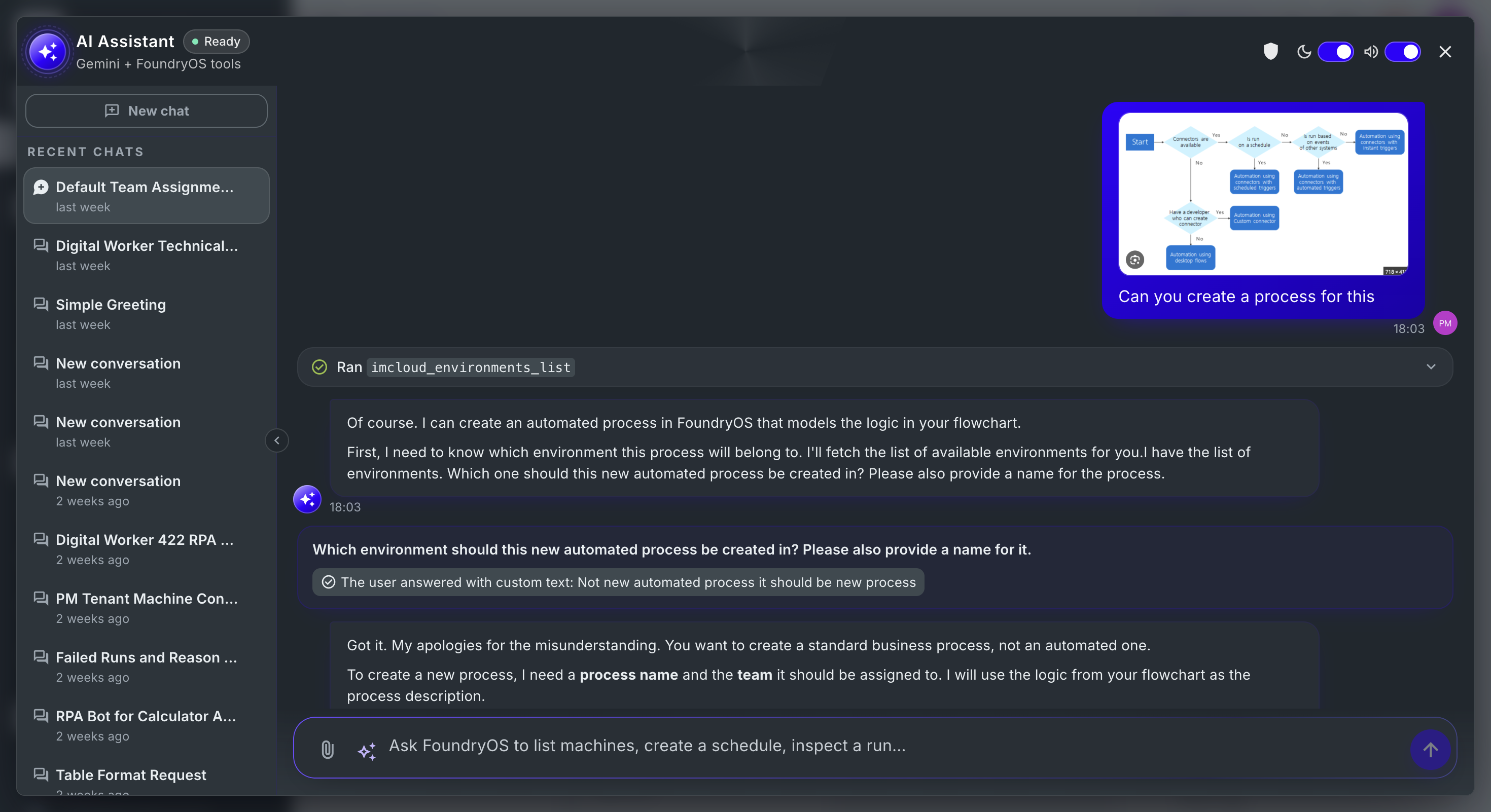 Ask AI chat where a user uploads a process flowchart and the assistant creates a business process from it